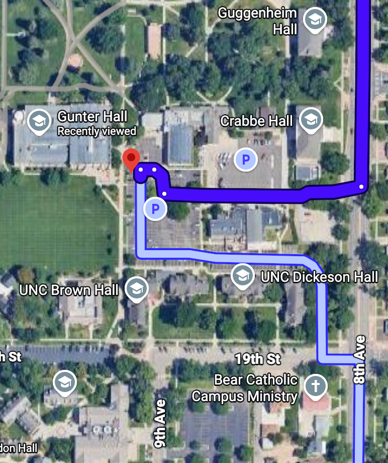 Map showing the driving route to Gunter Hall at the University of Northern Colorado